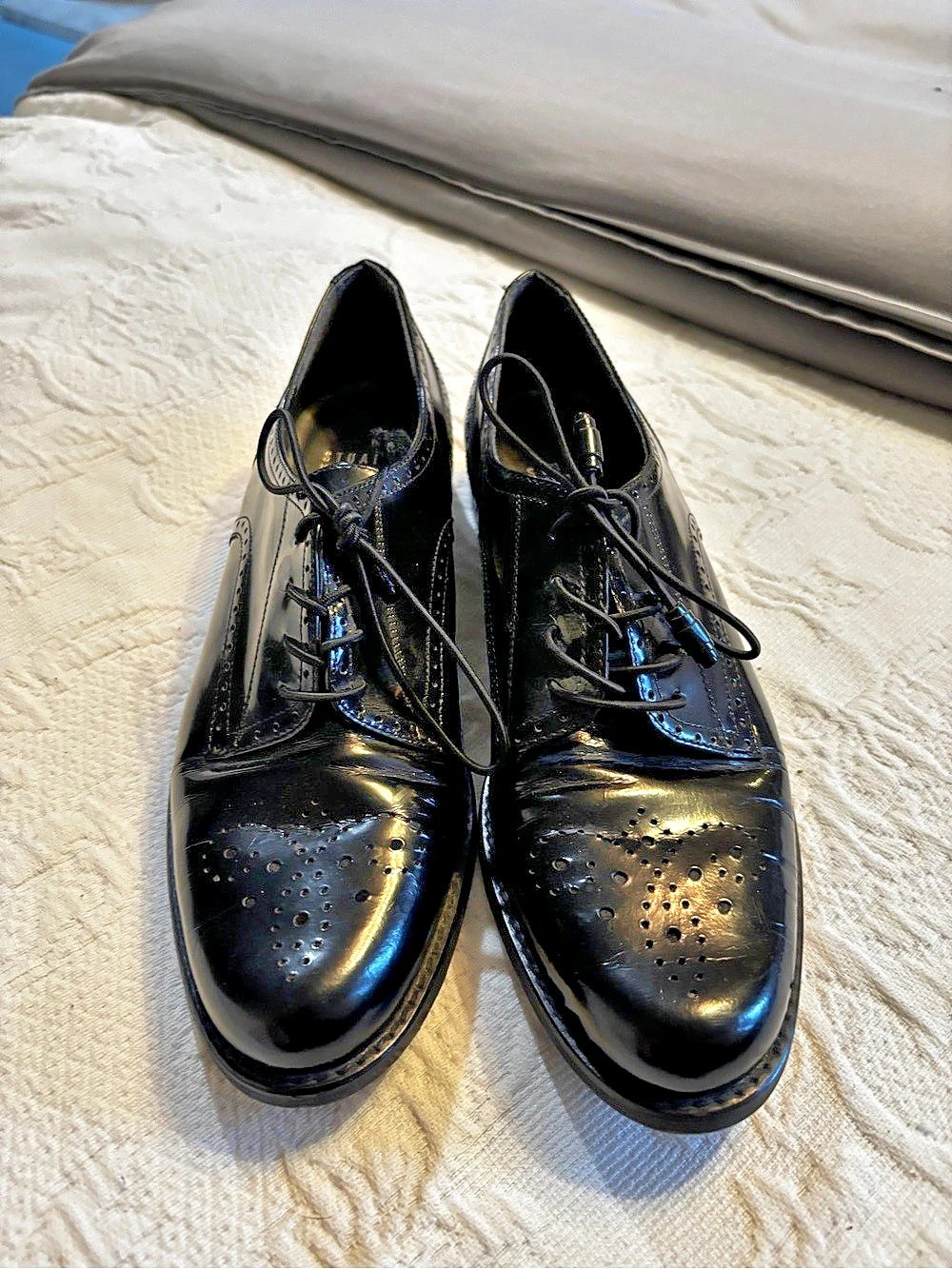 Stuart Weitzman Black Patent Lace-Up block heels